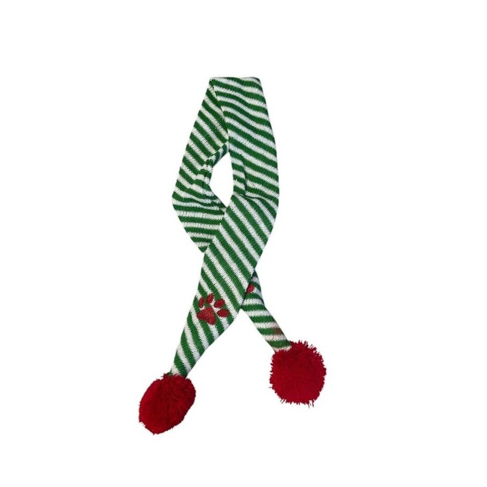 Green & White Pet Striped Knit Scarf With Red Pom Poms